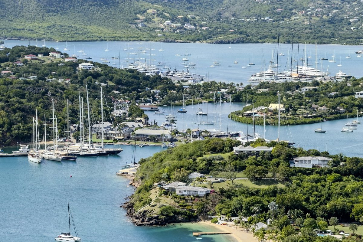 Yachts at anchor in English Harbour and Falmouth Harbour, Antigua