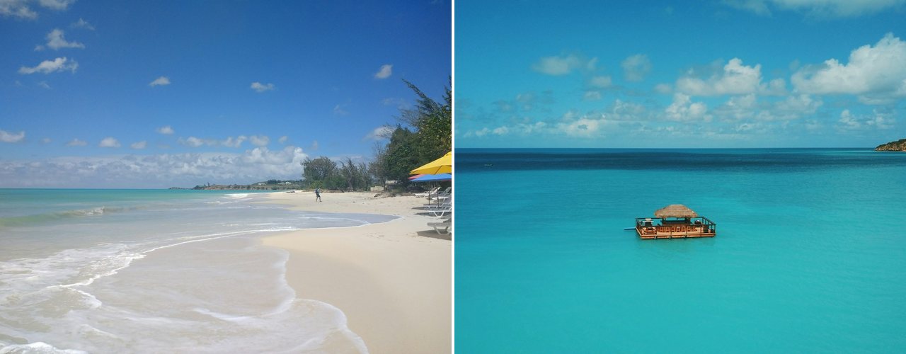 A long white-sand beach and a floating bar on turquoise water, Antigua