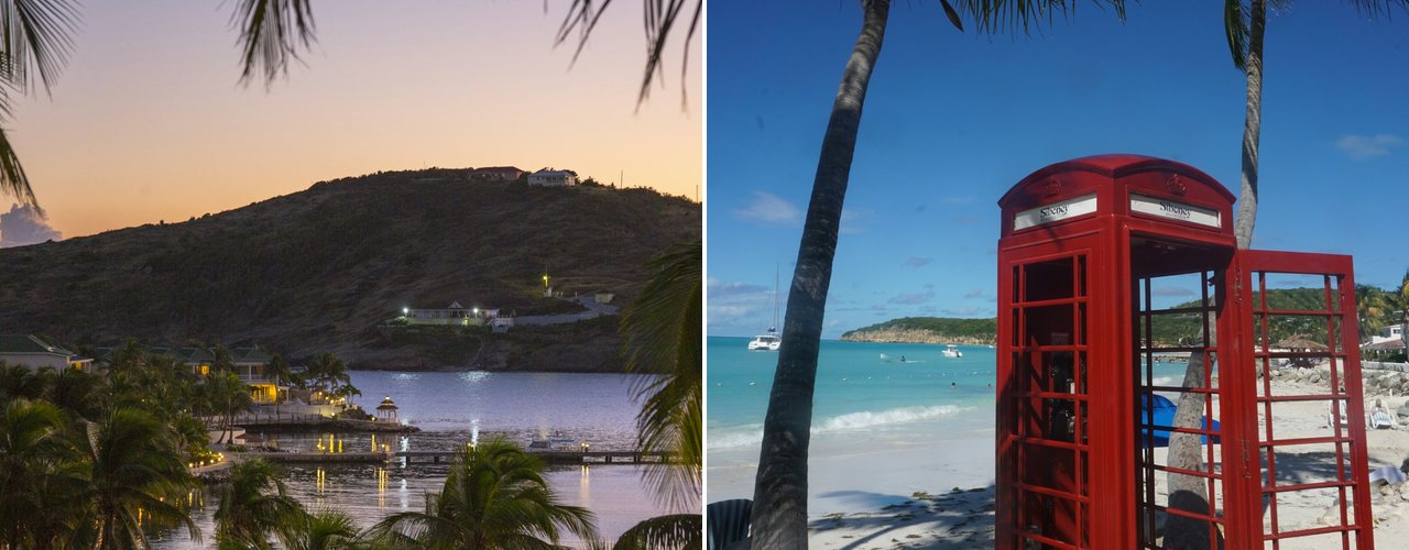 A harbour in Antigua at dusk, and a red phone box under the palms on the beach