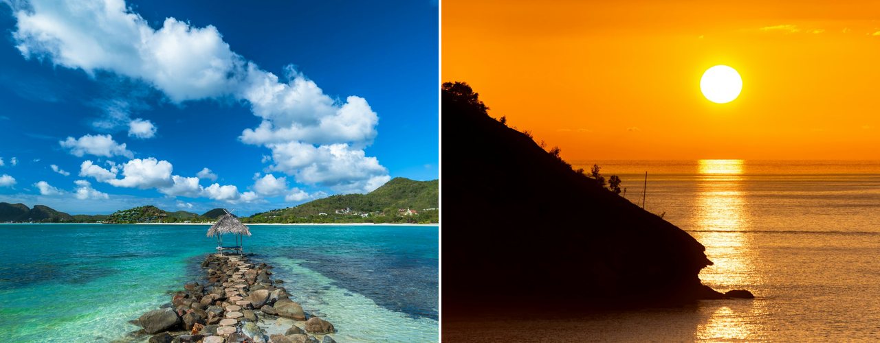 A rock jetty over turquoise water and a golden sunset over the sea, Antigua
