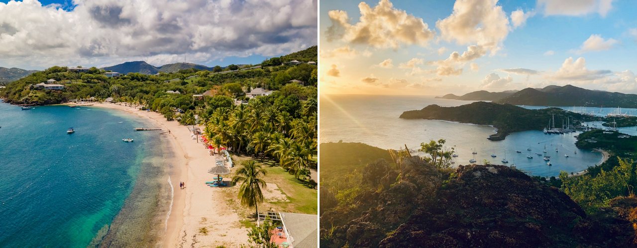 A palm-lined beach curving along a turquoise bay, and the view over English Harbour from the hills at golden hour, Antigua