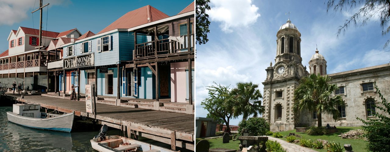 Wooden waterfront shops on the quay and St. John’s Cathedral, St. John’s, Antigua
